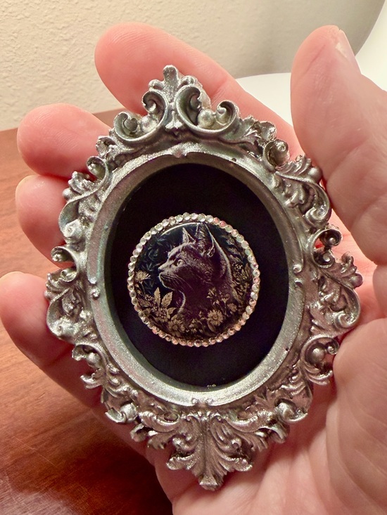 Hand Crafted Other - Tiny Gothic Black Cat Framed Art Crystal Halo Miniature Decor